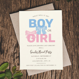 Pink and Blue Bow Baby Gender Reveal Invitation