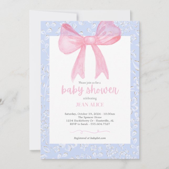 Pink and blue bow baby shower invitation (Front)