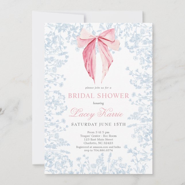 Pink and Blue bow Bridal Shower invitation (Front)