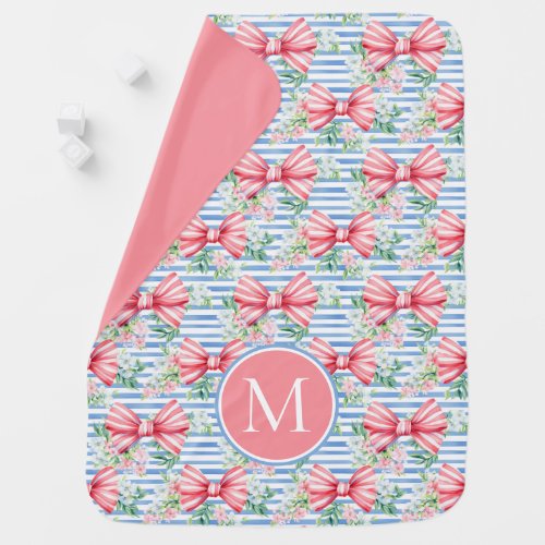 Pink and Blue Bows Flowers and Stripes Monogram Baby Blanket