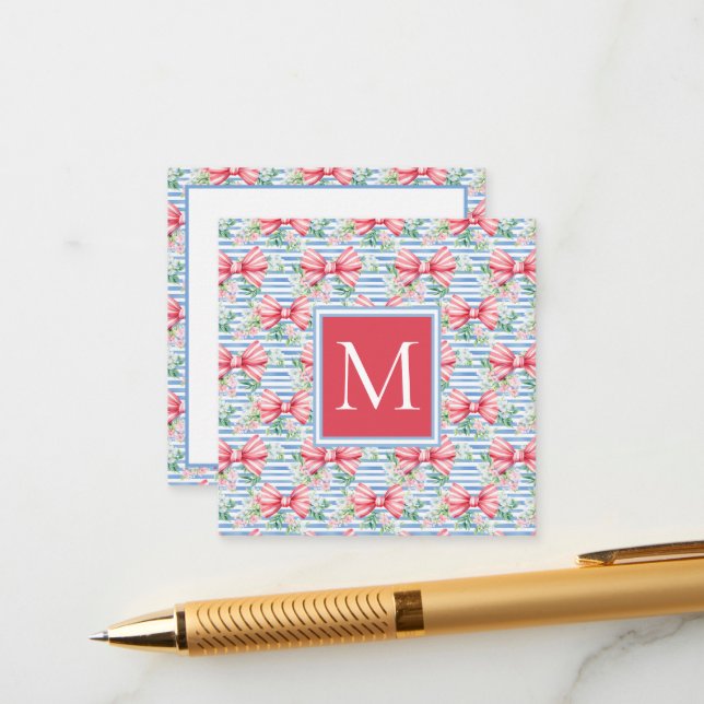 Pink and Blue Bows Flowers and Stripes Monogram Enclosure Card (Front/Back In Situ)