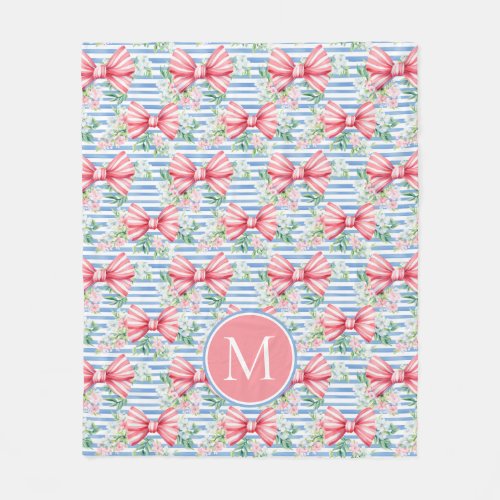 Pink and Blue Bows Flowers and Stripes Monogram Fleece Blanket