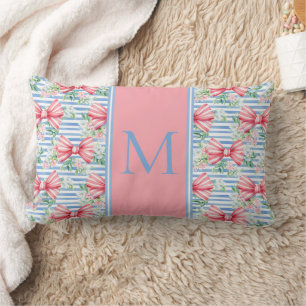 Pink and Blue Bows Flowers and Stripes Monogram Lumbar Pillow