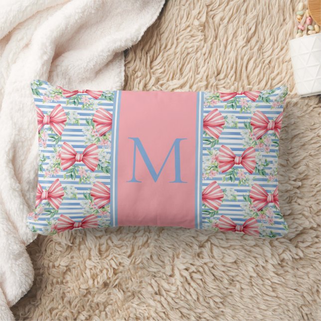 Pink and Blue Bows Flowers and Stripes Monogram Lumbar Pillow (Blanket)
