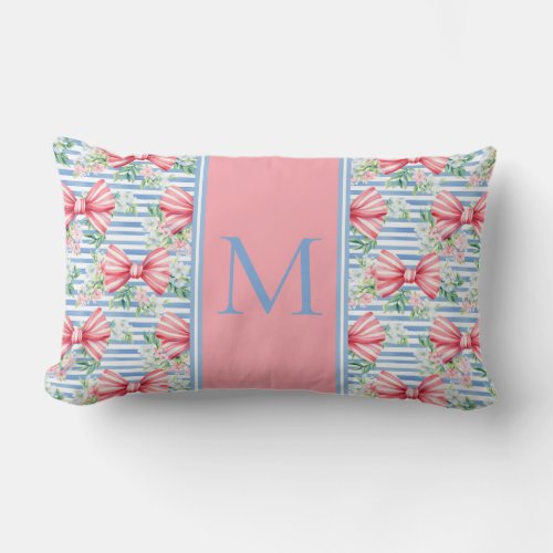 Pink and Blue Bows Flowers and Stripes Monogram Lumbar Pillow