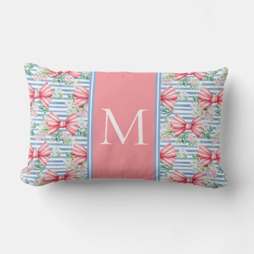 Pink and Blue Bows Flowers and Stripes Monogram Lumbar Pillow