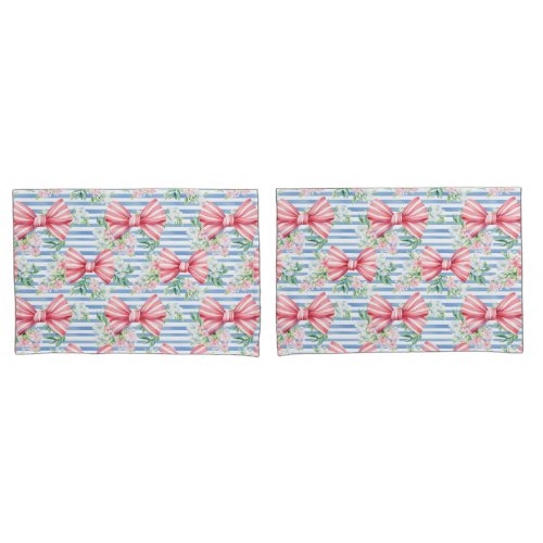 Pink and Blue Bows Flowers and Stripes Pillow Case