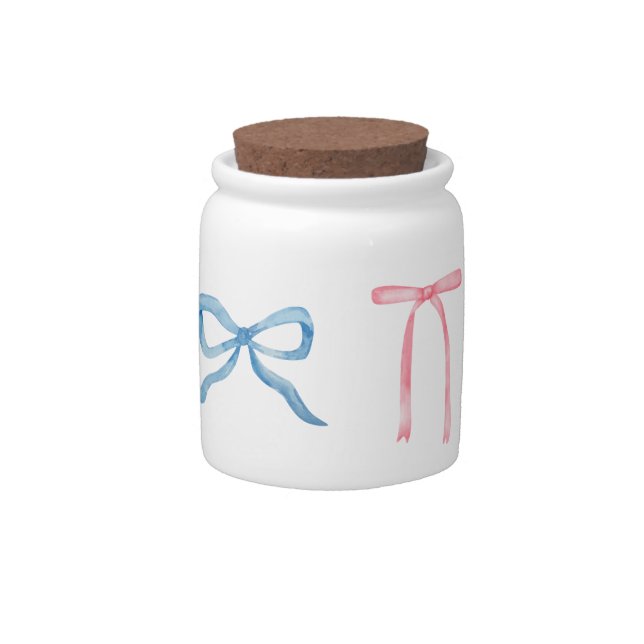 Pink and blue bows preppy cute gender reveal candy jar (Front)