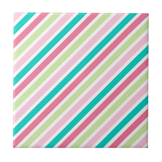 Pink and Blue Bright Stripes Ceramic Tile (Front)