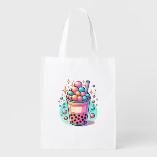 Pink and Blue Bubble Tea Personalized Grocery Bag
