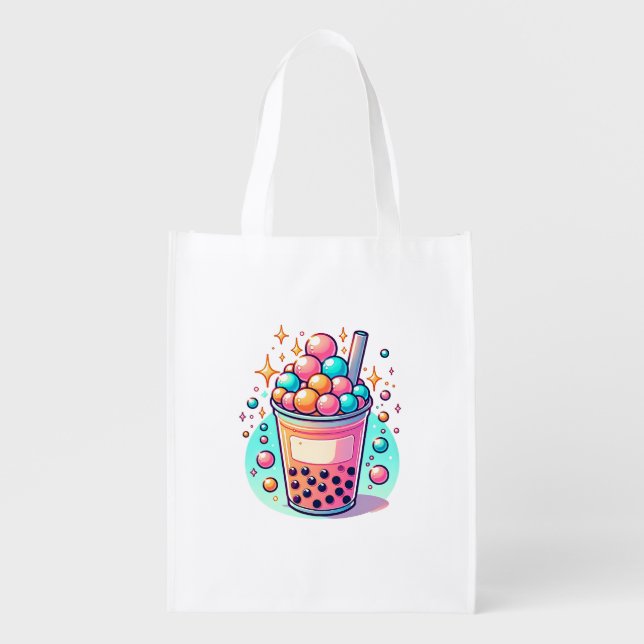 Pink and Blue Bubble Tea Personalized Grocery Bag (Front)