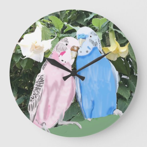 Pink and Blue Budgerigar and White Angel Trumpets Large Clock