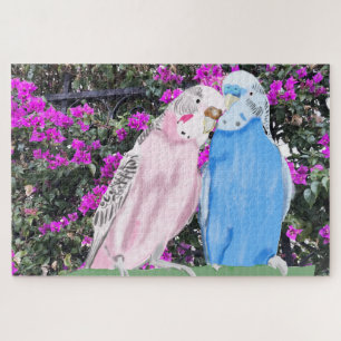 Pink and Blue Budgie and Bougainvillea Jigsaw Puzzle