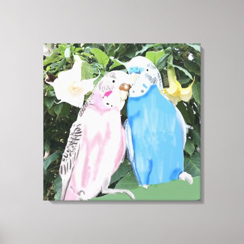 Pink and Blue Budgies against Angel Trumpets Canvas Print