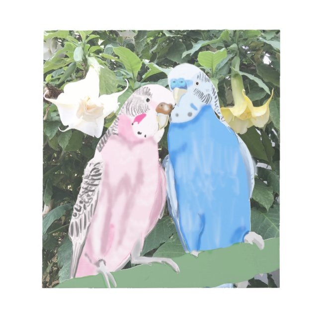 Pink and Blue Budgies against Angel Trumpets Notepad (Front)