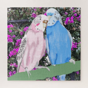 Pink and Blue Budgies against pink Bougainvillia Jigsaw Puzzle