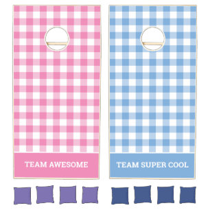 Pink and Blue Buffalo Check Custom Team Names Cornhole Set