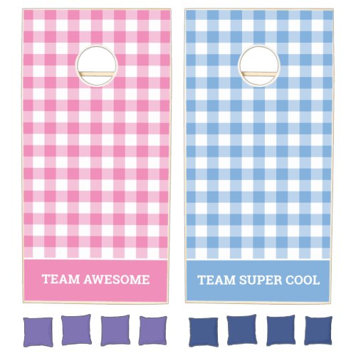 Pink and Blue Buffalo Check Custom Team Names Cornhole Set