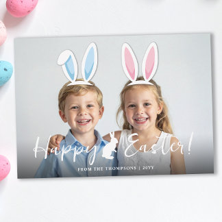 Pink And Blue Bunny Ears Easter Photo Overlay Card