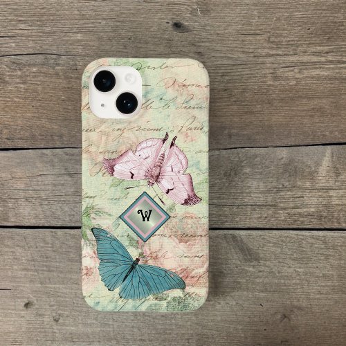Pink and Blue Butterflies and Roses with Monogram Case_Mate iPhone 14 Case
