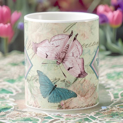 Pink and Blue Butterflies and Roses with Monogram Coffee Mug