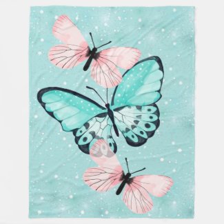 Pink and Blue Butterflies on a Blue Background Fleece Blanket