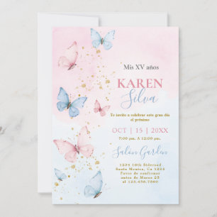 Pink and Blue Butterflies Quinceañera Invitation