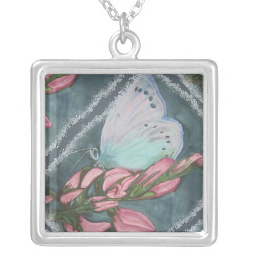 PINK AND BLUE BUTTERFLY SILVER PLATED NECKLACE