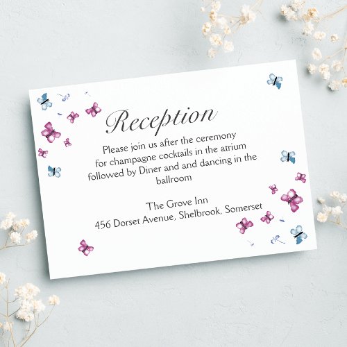 Pink and Blue Butterfly Wedding Reception Card