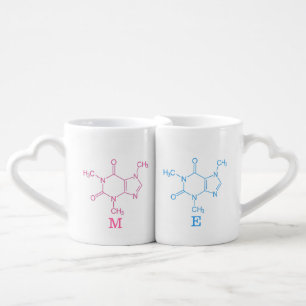 Pink and Blue Caffeine Molecule Editable Monogram Coffee Mug Set