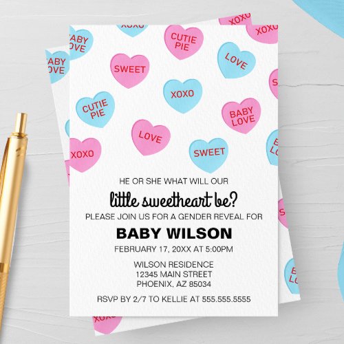 Pink and Blue Candy Hearts Valentine Gender Reveal Invitation