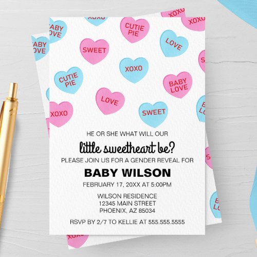 Pink and Blue Candy Hearts Valentine Gender Reveal Invitation