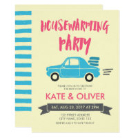 Pink and Blue Car Housewarming Party Invitation