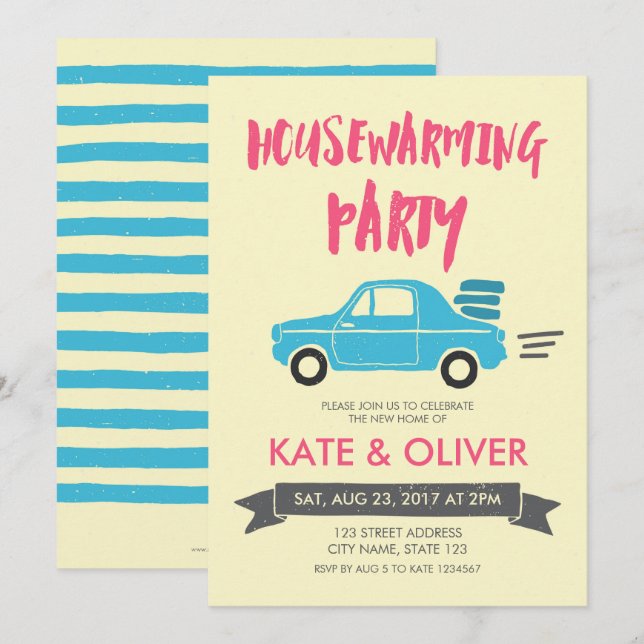 Pink and Blue Car Housewarming Party Invitation (Front/Back)