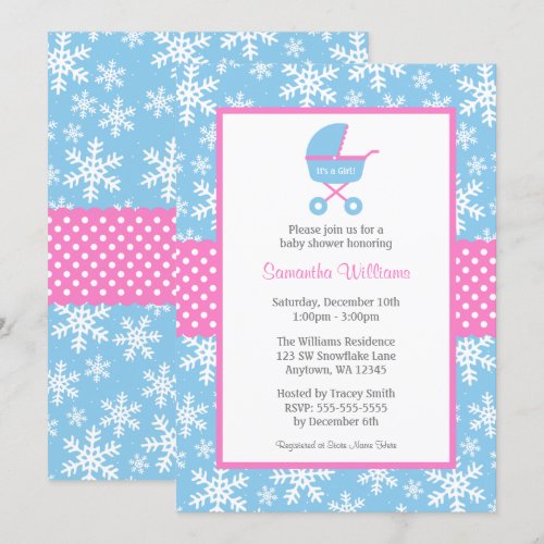 Pink and Blue Carriage Snowflakes Baby Shower Personalized Invitation