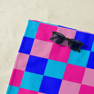 Pink and Blue Checkered Print Beach Towel