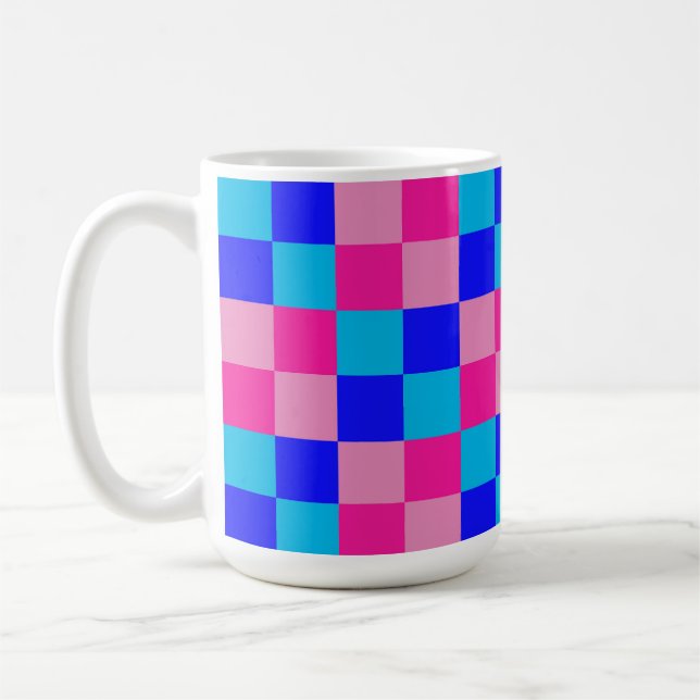 Pink and Blue Checkered Print Coffee Mug (Left)