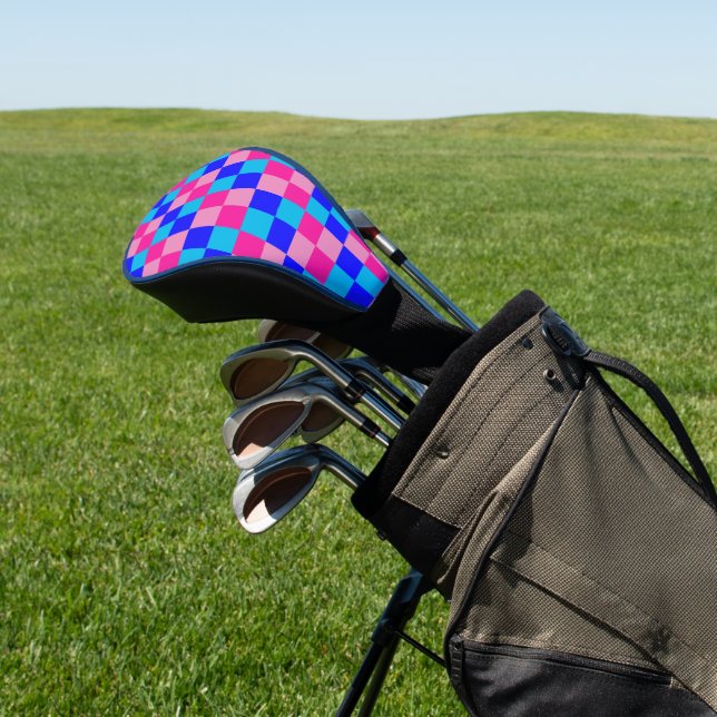 Pink and Blue Checkered Print Golf Head Cover (In Situ)