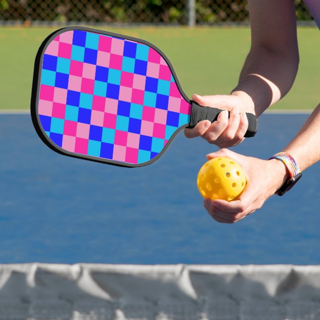 Pink and Blue Checkered Print Pickleball Paddle (Insitu)
