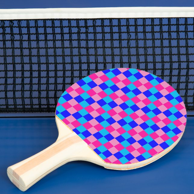Pink and Blue Checkered Print Ping Pong Paddle (Insitu)