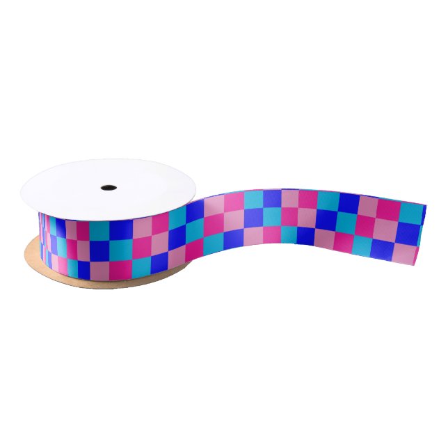 Pink and Blue Checkered Print Satin Ribbon (Spool)