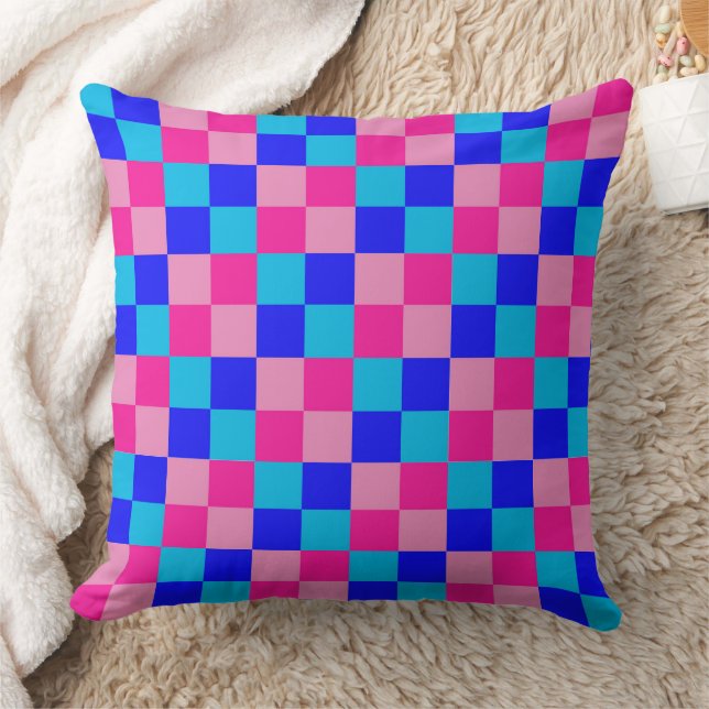 Pink and Blue Checkered Print Throw Pillow (Blanket)