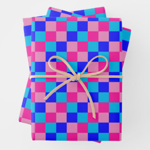 Pink and Blue Checkered Print Wrapping Paper Sheets