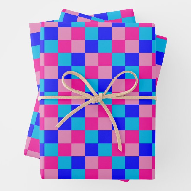 Pink and Blue Checkered Print Wrapping Paper Sheets (In situ)
