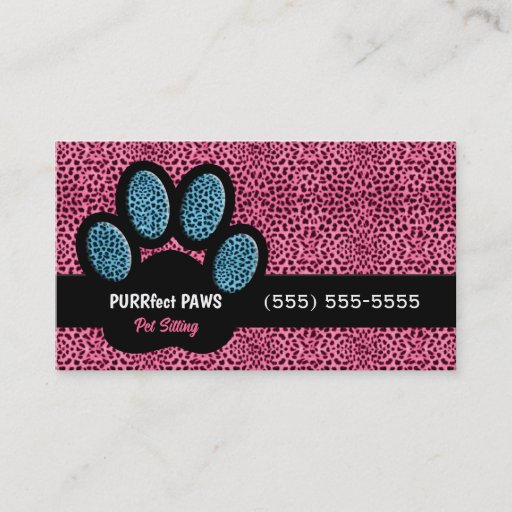 Customizable Pink and Blue Cheetah Print Custom Paw Pet Sitter Business Card Template