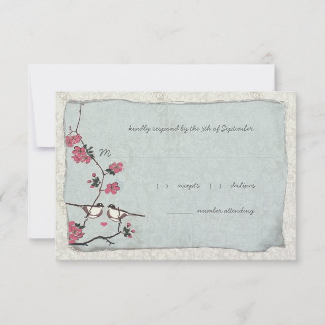 Pink and Blue Cherry Blossom Chickadee RSVP Card (Front)