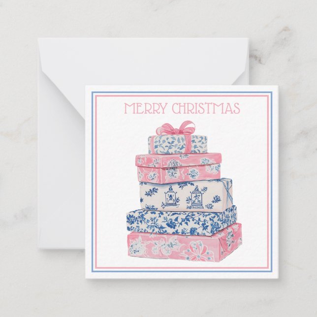 Pink and Blue Chinoiserie Christmas Presents Note Card (Front)