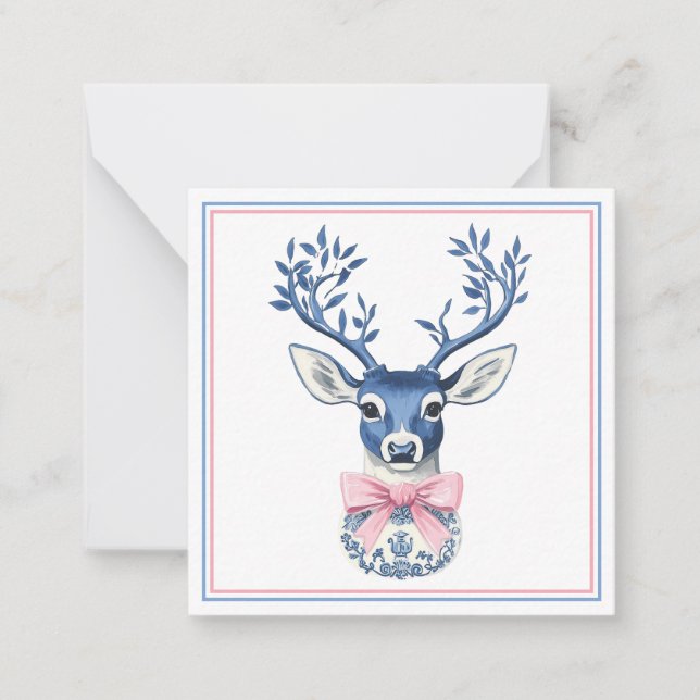 Pink and Blue Chinoiserie Deer Head Note Card (Front)