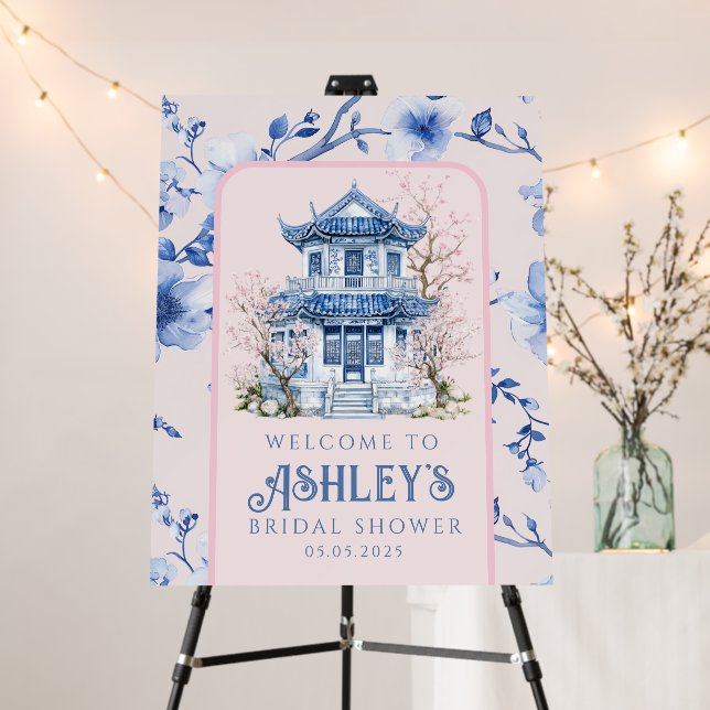 Pink and Blue Chinoiserie Pagoda Bridal Shower  Foam Board (In Situ (Stand))