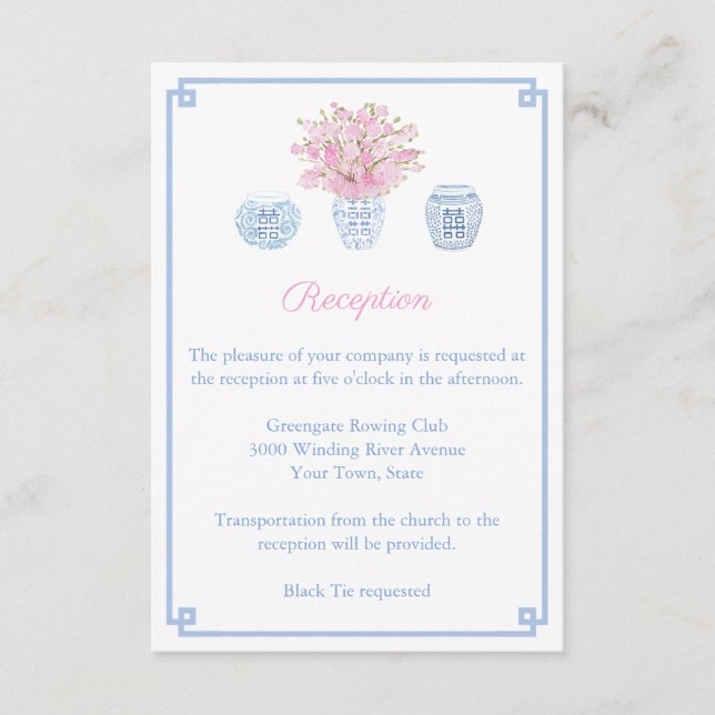 Pink And Blue Chinoiserie Wedding Reception Enclosure Card (Front)